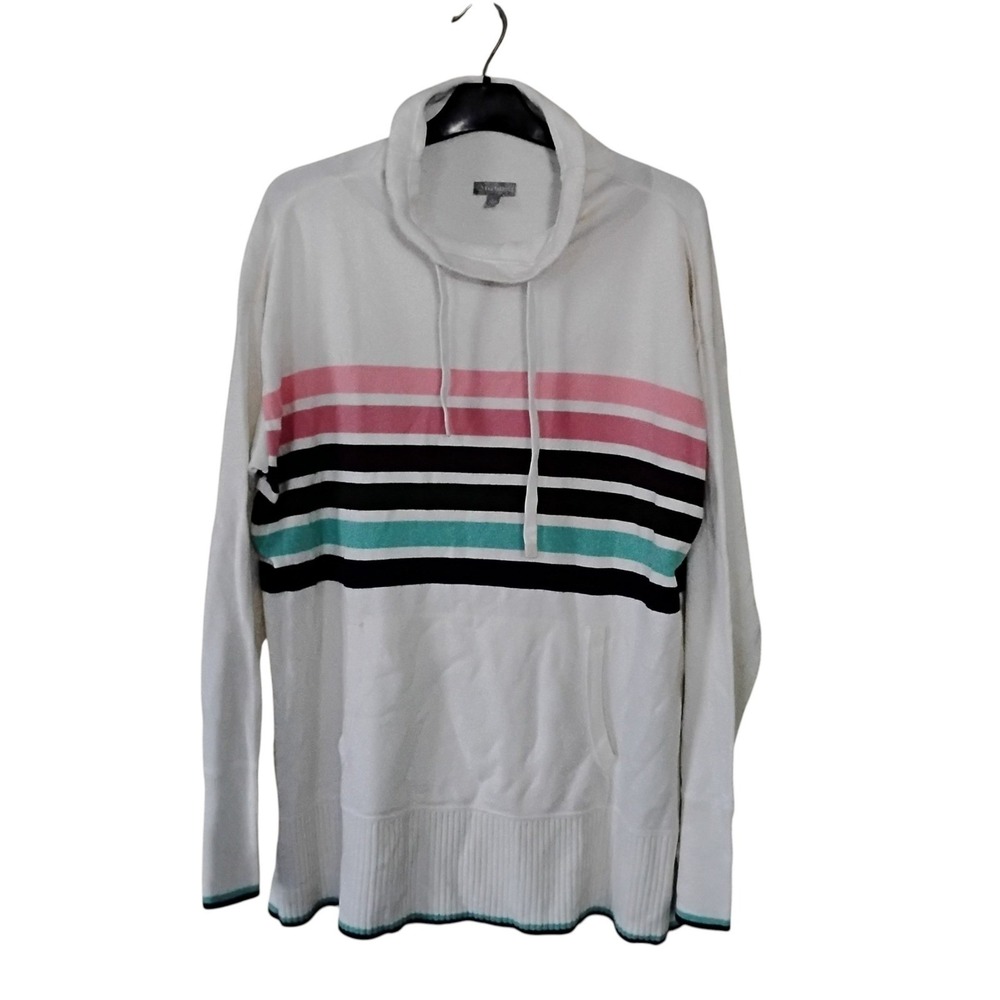 T by Talbots White Striped Cowl Neck Sweater Pink Teal Black Large Pullover